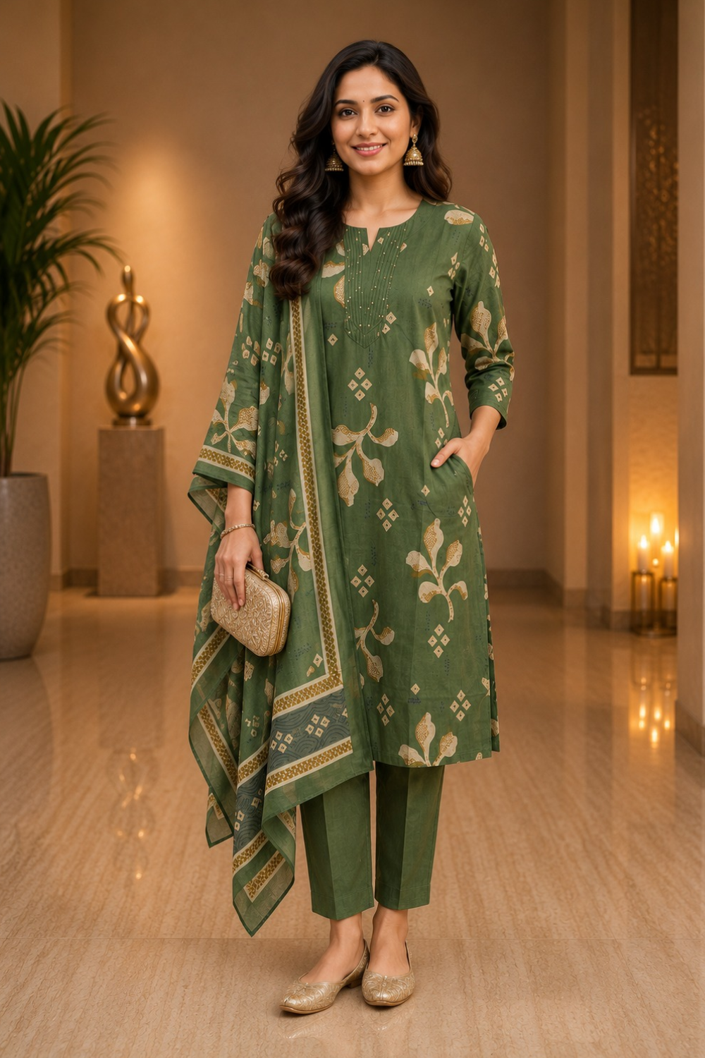 Women’s Cotton Blend Printed Chudidar | Round V-Cut Neck Below Knee Kurta with 3/4 Sleeves | Regular Fit Daily Office & Casual Ethnic Wear - 3517