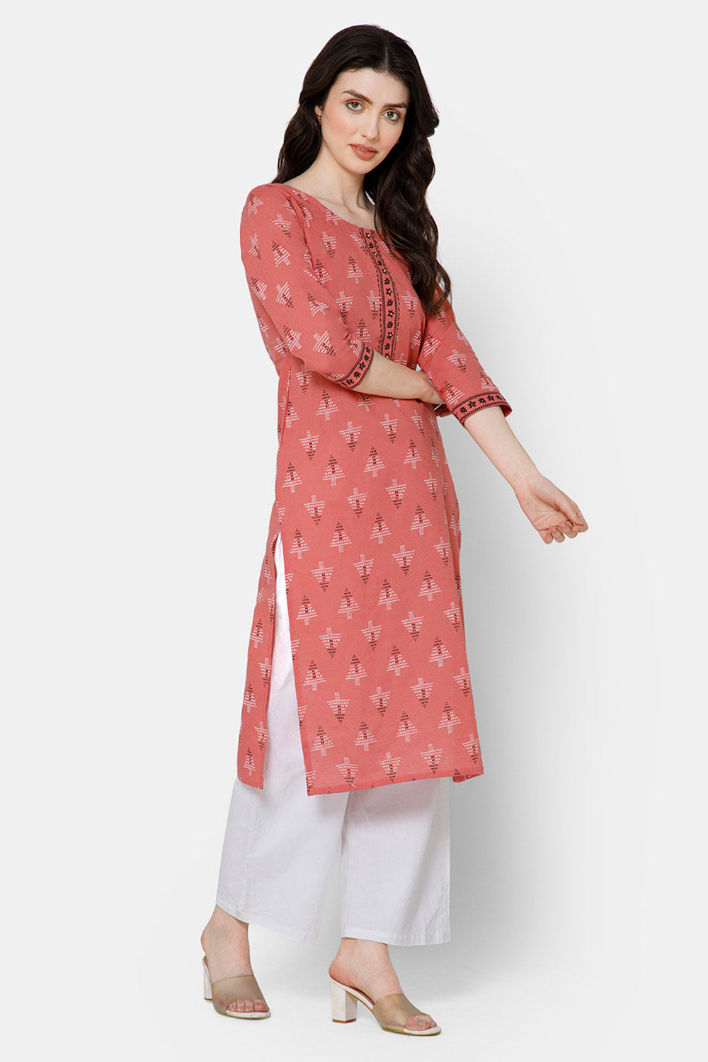Mythri Women's Casual Kurthi with Patchwork And Minimalistic Embroidery - Peach - E029