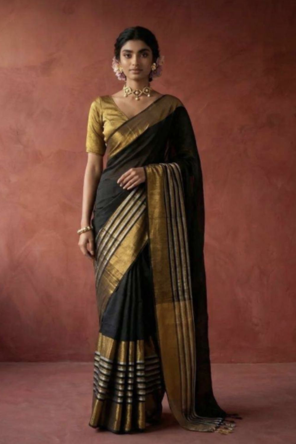 Naidu Hall Women's Black Tissue Cotton Blend Solid Saree with Blouse | Lightweight Ethnic Wear Saree - R130