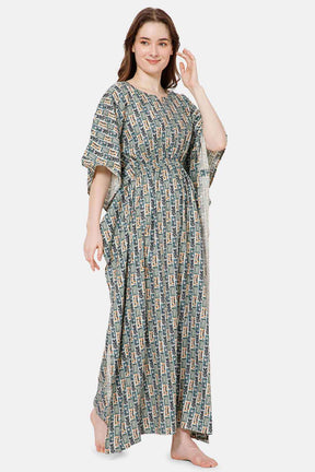 Naidu Hall Modern Printed Kaftan Style Nighty with Round Neck - Green - NT27