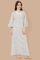 Naidu Hall V Neck Printed Nighty with Long Bell Sleeves - Green - NT40