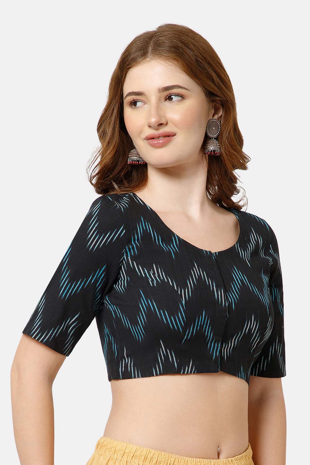 Naidu Hall Women’s Cotton Blouse | Woven U-Neck Ethnic Blouse with Elbow Sleeves & Front Closure - Black-2 - BU17