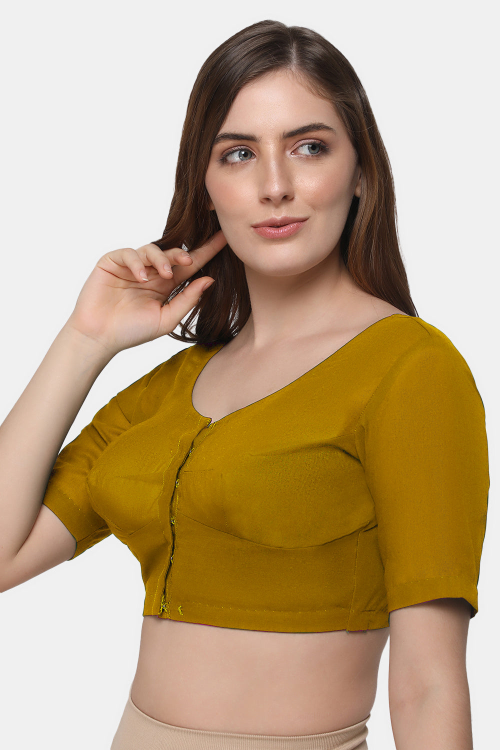 Naidu Hall Women's 2x2 Cotton Saree Blouse | Readymade Round Neck Elbow Sleeve Woven Cotton Blouse | Plain Traditional Blouse for Cotton, Handloom, Linen & Silk Cotton Sarees - RNRE
