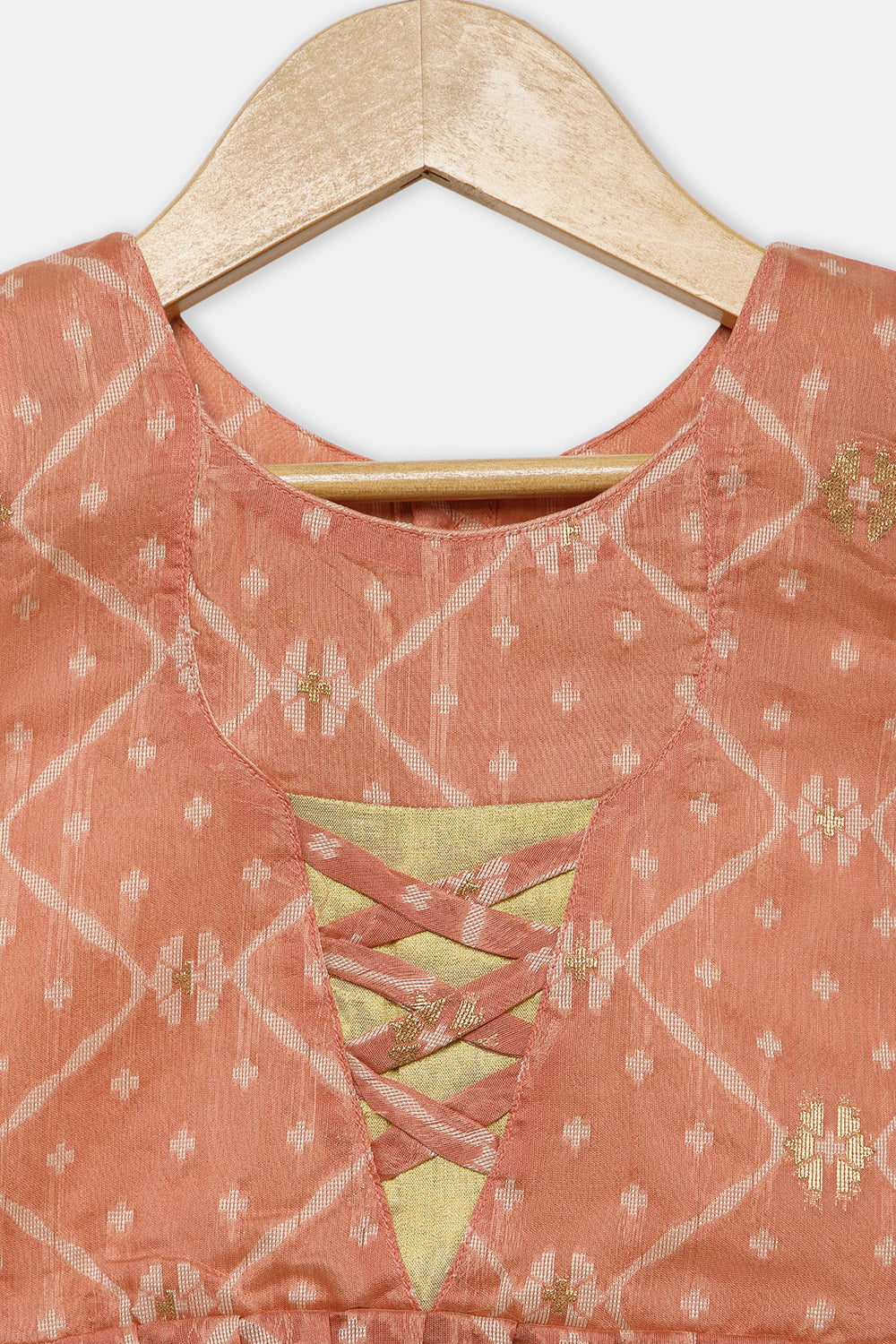 Chittythalli Girls’ Ethnic Pavadai Set – Chanderi Jamdani Peplum Top with Criss-Cross Cording & Kali Skirt | Traditional Festive Wear for Girls - PS91