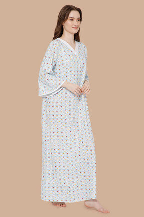 Naidu Hall V Neck Cotton Printed Nighty with Long Bell Sleeves - Sky Blue - NT40