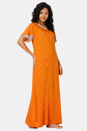 Naidu Hall  V Neck Ruffle Sleeve Printed Nighty-Orange - NT45