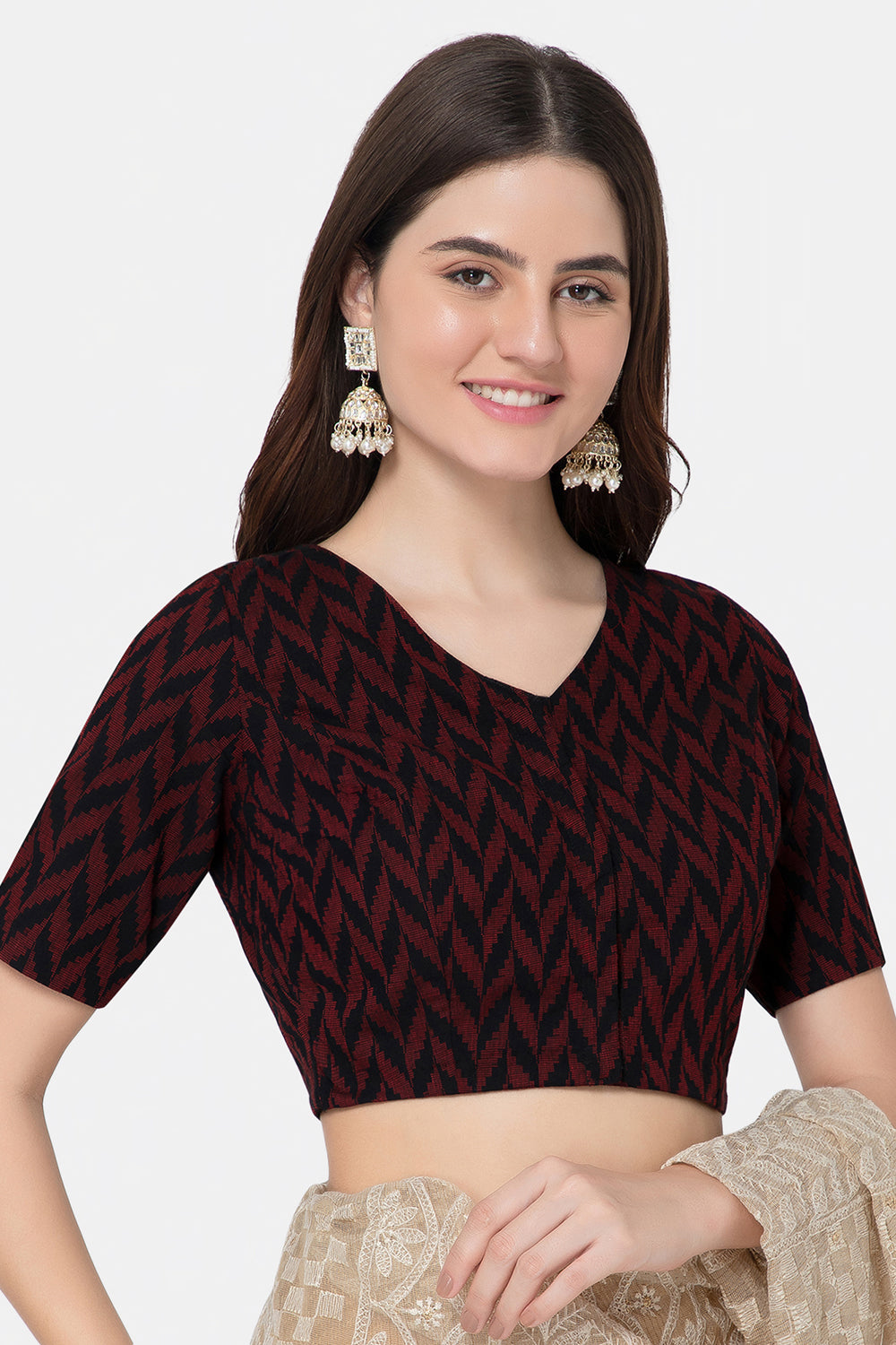 Naidu Hall V Neck Princess Cut Elbow Sleeve Front Open Jacquard1 Saree Blouse - Red - BU13