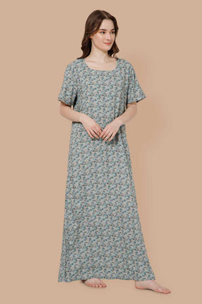 Naidu Hall Printed  Nighty with Square Round Neck - Grey - NT36