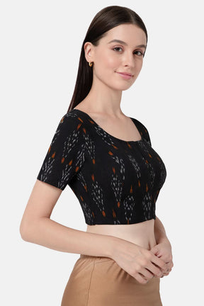 Naiduhall Princess Cut Round Neck Short Sleeve Ikat Blouse - Black - BU10