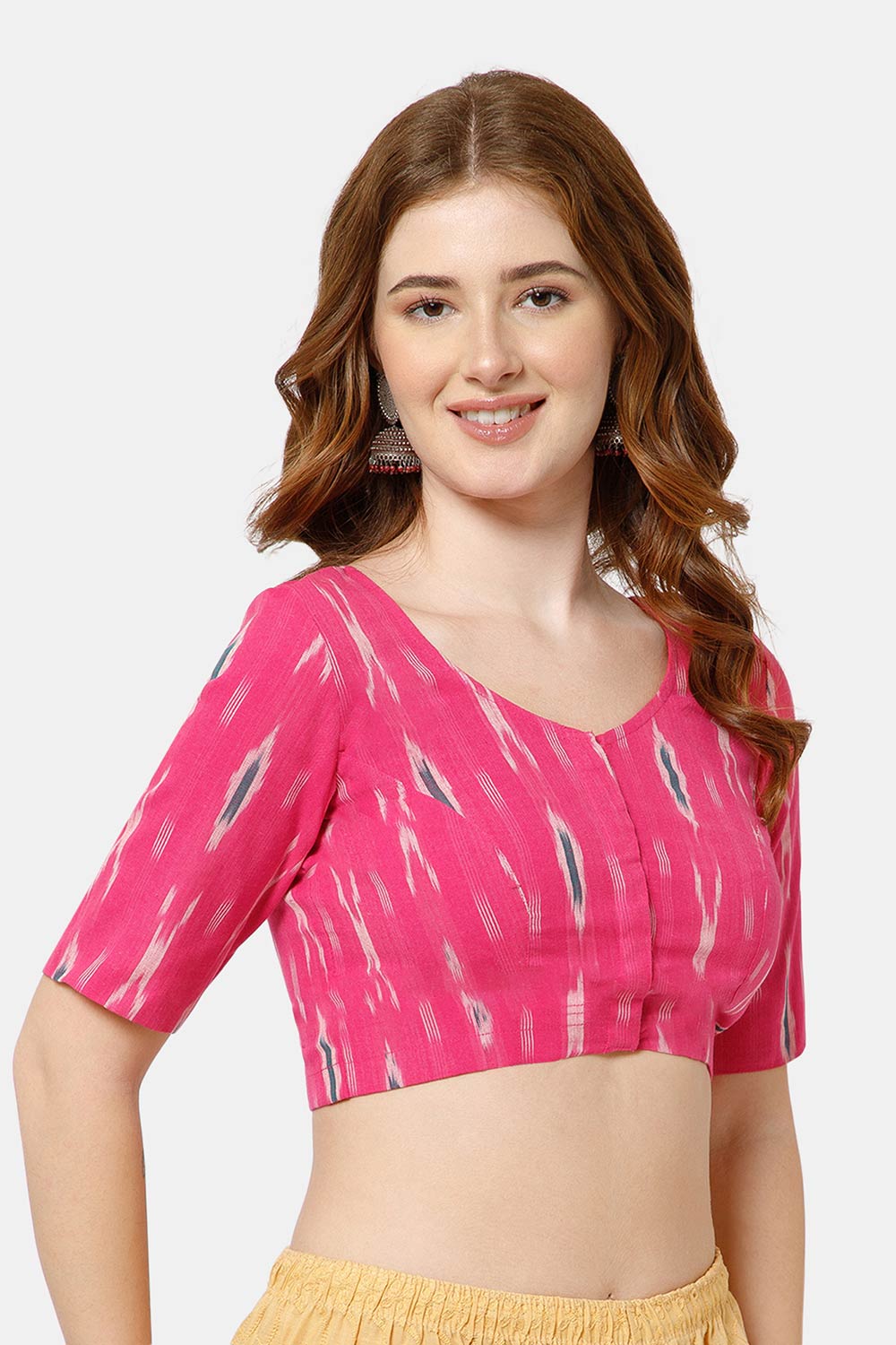 Naidu Hall Women’s Cotton Blouse | Woven U-Neck Ethnic Blouse with Elbow Sleeves & Front Closure - Pink - BU17