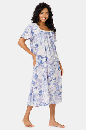 Naidu Hall Square Neck Half Poet Sleeve Printed Nighty-Violet - NT43