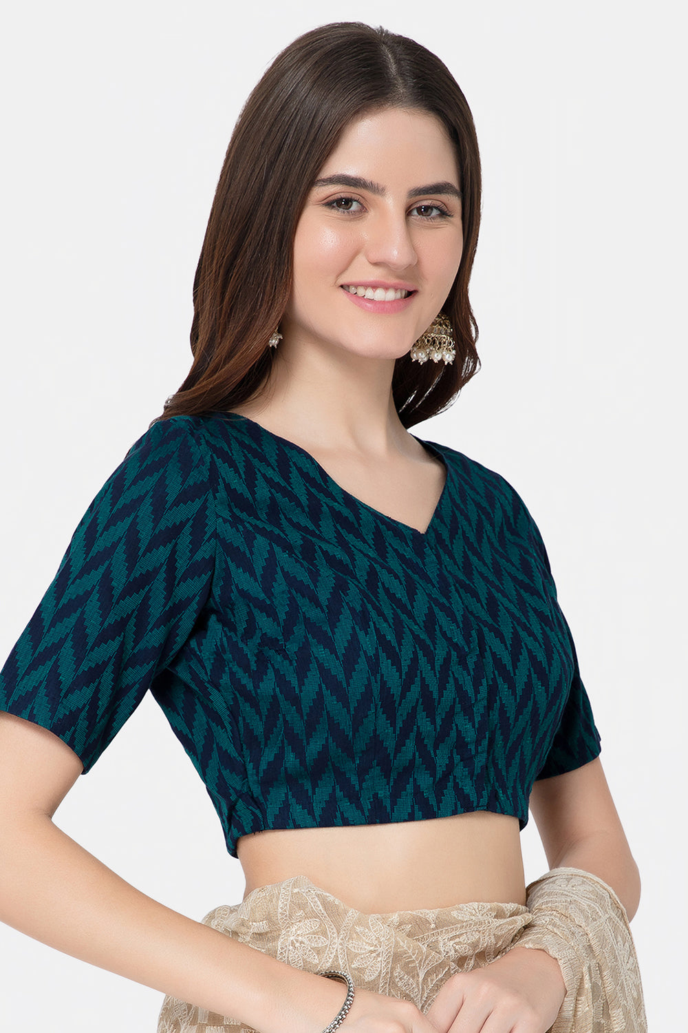 Naidu Hall V Neck Princess Cut Elbow Sleeve Front Open Jacquard1 Saree Blouse - Teal Green - BU13