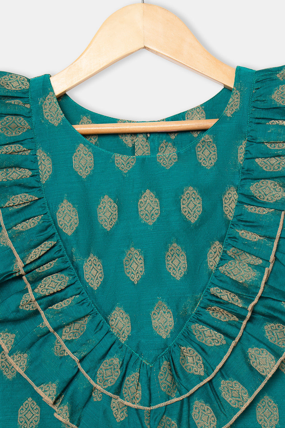 Chittythalli Girls Pavadai Set with Two-Layer Ruffle Top & Tassel-Detail Kali Skirt - Teal Green - PS79