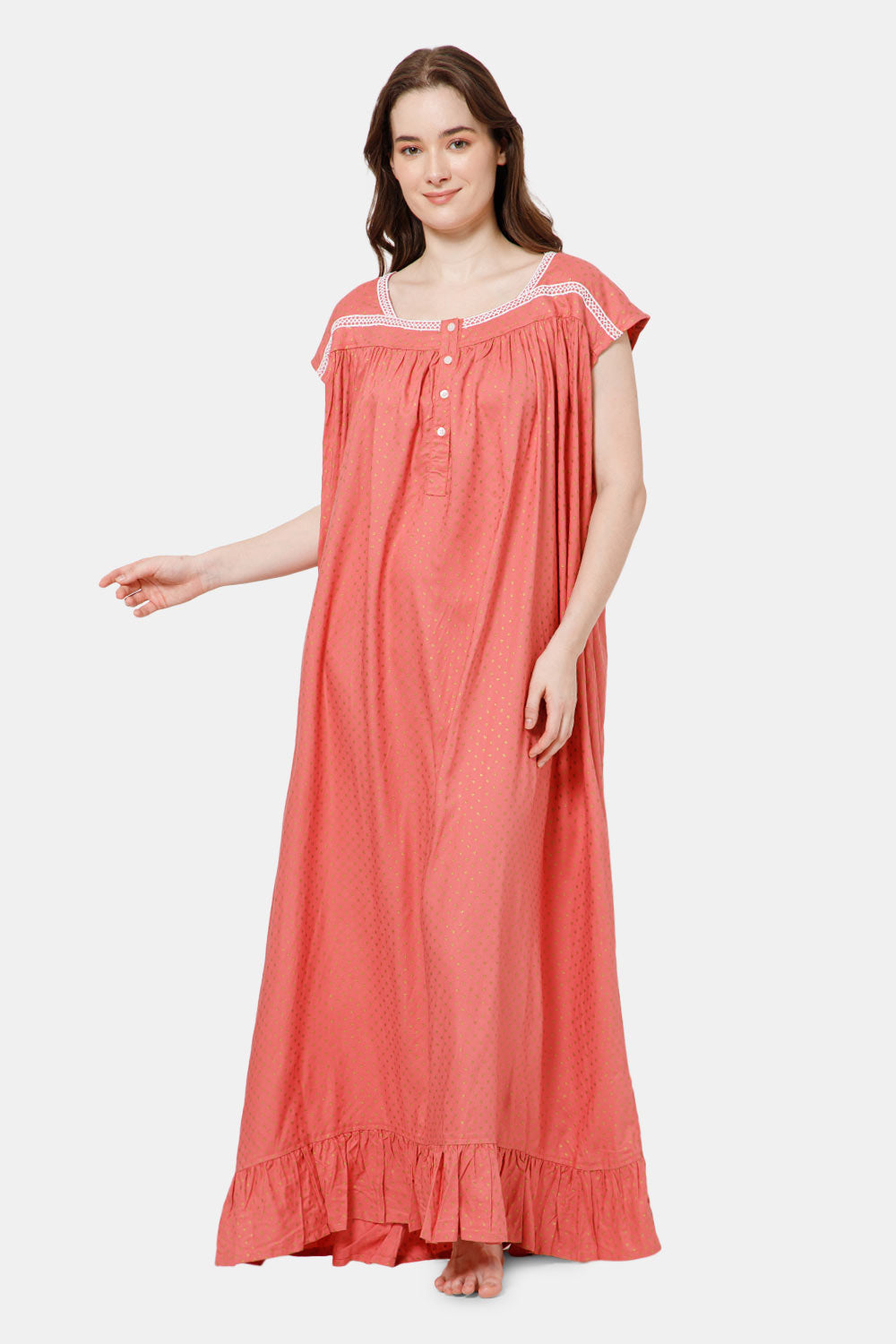 Naidu Hall Detailed Lace Front Open Nighty with Round Neck - Pink - NT39