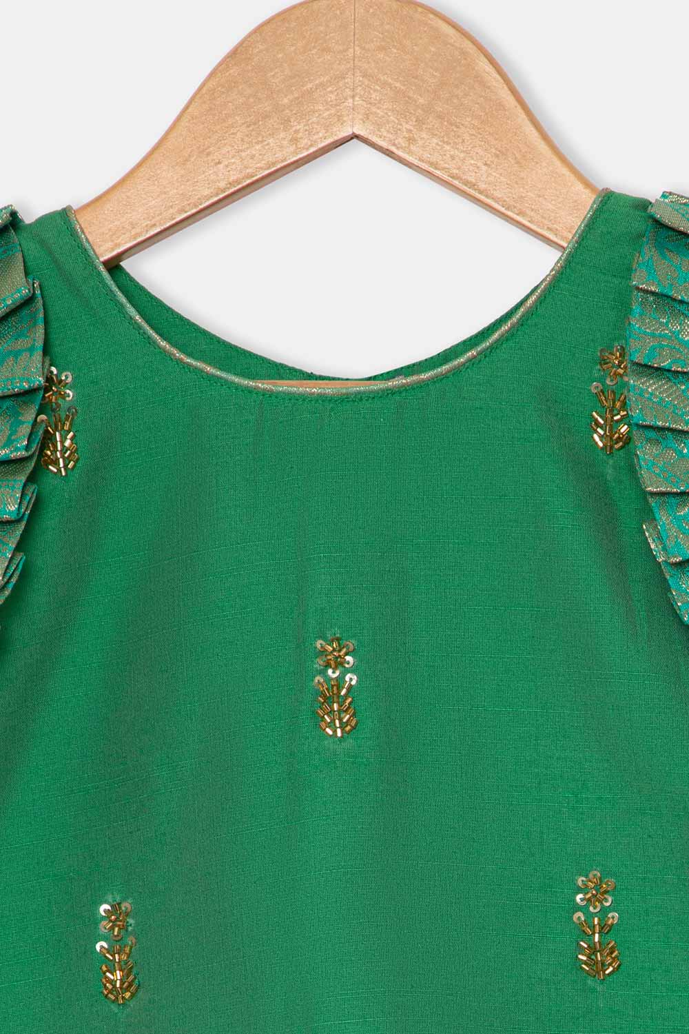 Chittythalli Girls Pavadai Set – Cotton Blend Box Pleated Skirt with Embroidered Butta Blouse - Green - PS47
