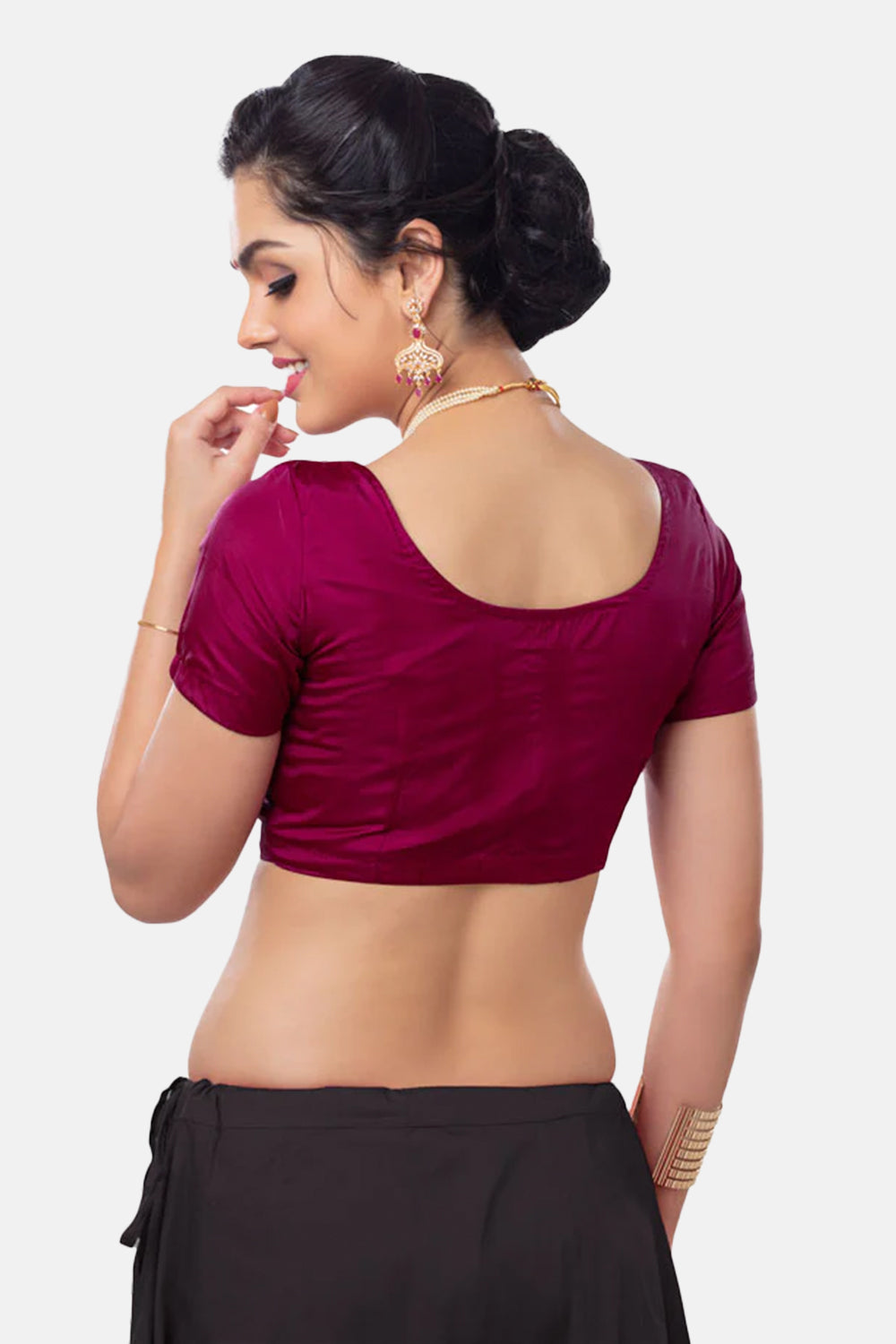 Naiduhall Princess Cut Short Sleeve Silk Cotton Blouse Size   Black Color 34