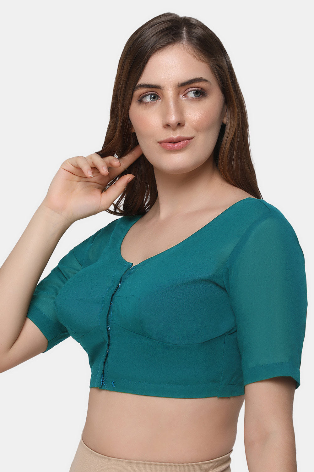 Naidu Hall Women's 2x2 Cotton Saree Blouse | Readymade Round Neck Elbow Sleeve Woven Cotton Blouse | Plain Traditional Blouse for Cotton, Handloom, Linen & Silk Cotton Sarees - RNRE