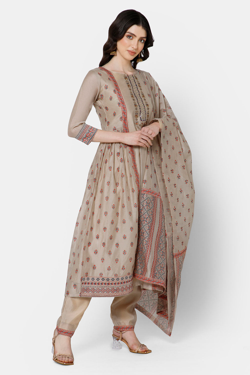 Mythri Panelled anarkali set with round neck and 3/4th sleeves  - Fawn - E001