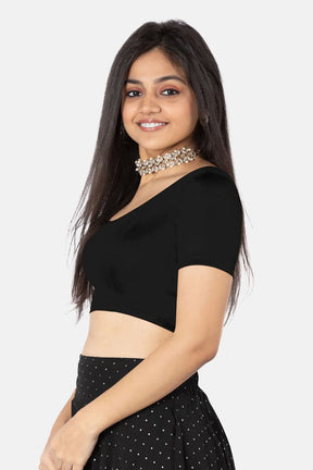Naidu Hall Knitted Blouse With Round Neck Princess Cut Short Sleeve - Black Shimmer