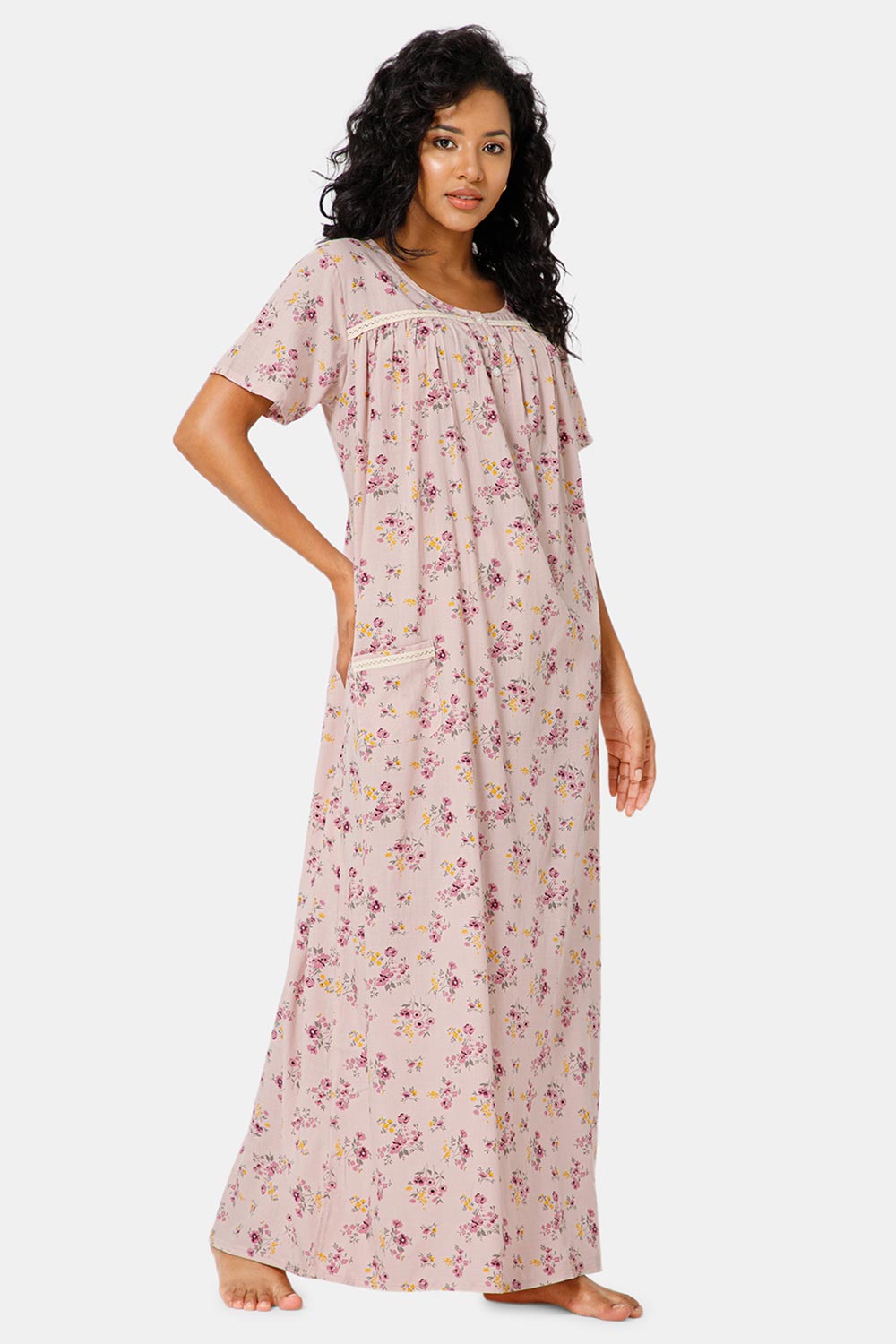 Naidu Hall Front Open Round Neck Short Sleeve Printed Nighty-Light pink - NT11