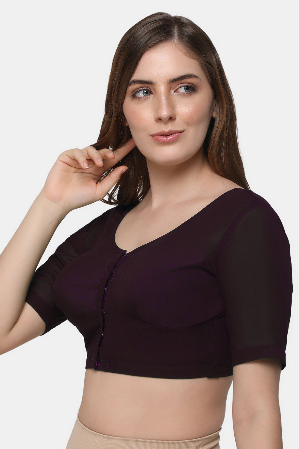 Naidu Hall Women's 2x2 Cotton Saree Blouse | Readymade Round Neck Elbow Sleeve Woven Cotton Blouse | Plain Traditional Blouse for Cotton, Handloom, Linen & Silk Cotton Sarees - RNRE
