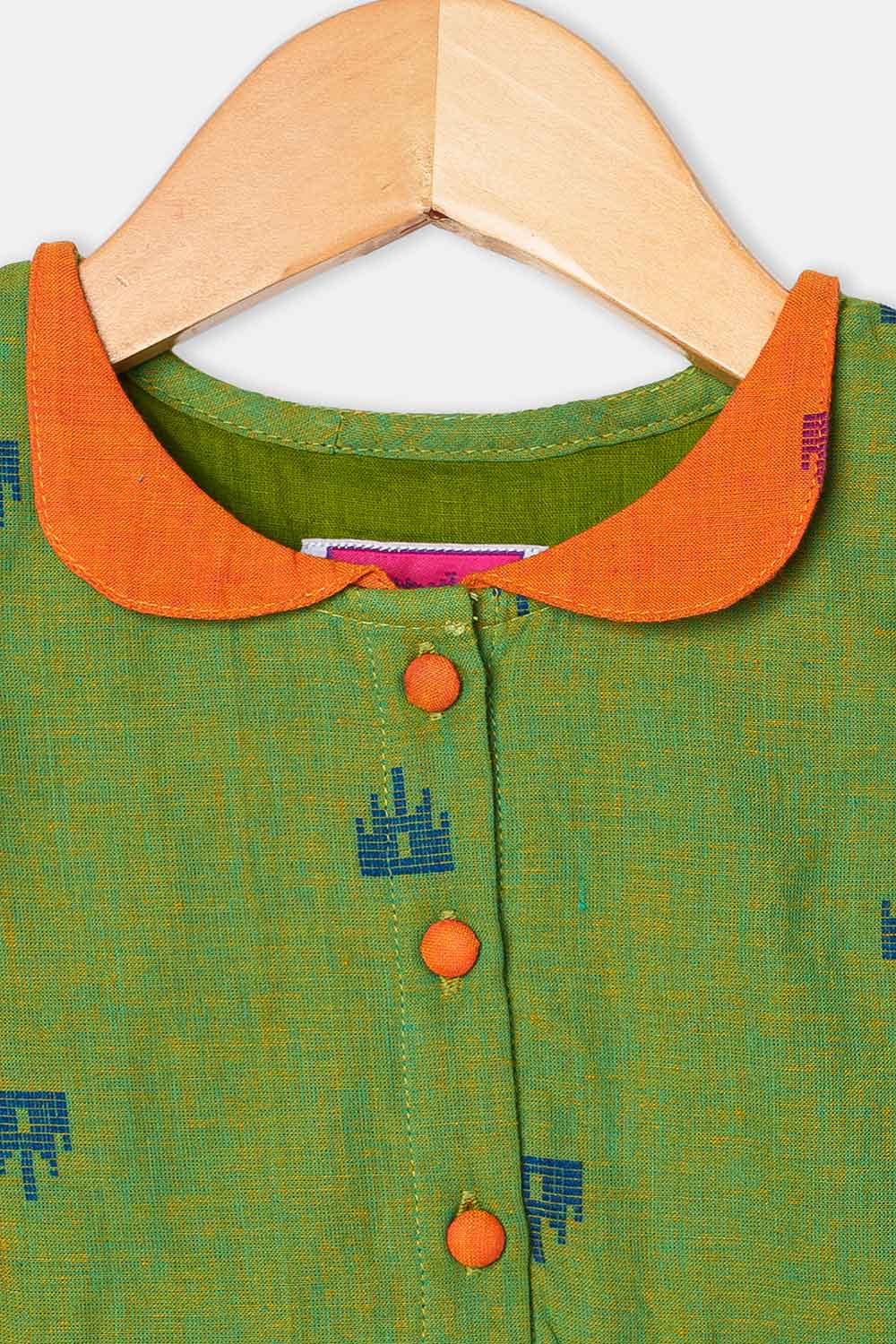 Chittythalli Girls Ethnic Frock Cotton Sleeveless Dress with Peter Pan Collar, Knife Pleats and Gathered Skirt- Dark Green - FR40