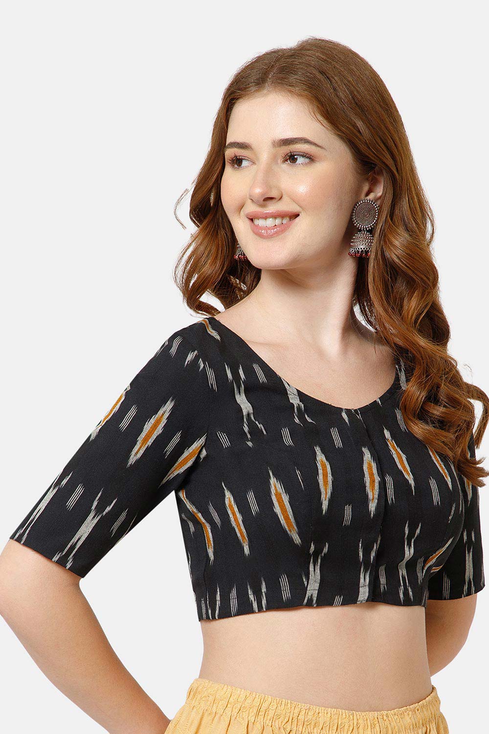 Naidu Hall Women’s Cotton Blouse | Woven U-Neck Ethnic Blouse with Elbow Sleeves & Front Closure - Black - BU17