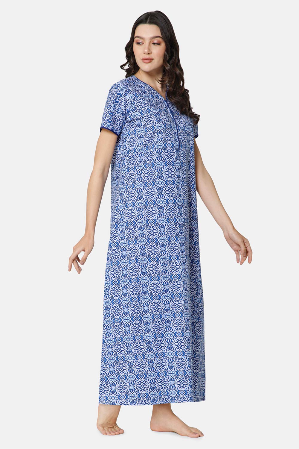 Naidu Hall A-line Front Open Women's Nighty Full Length Half Sleeve  - Blue - R119