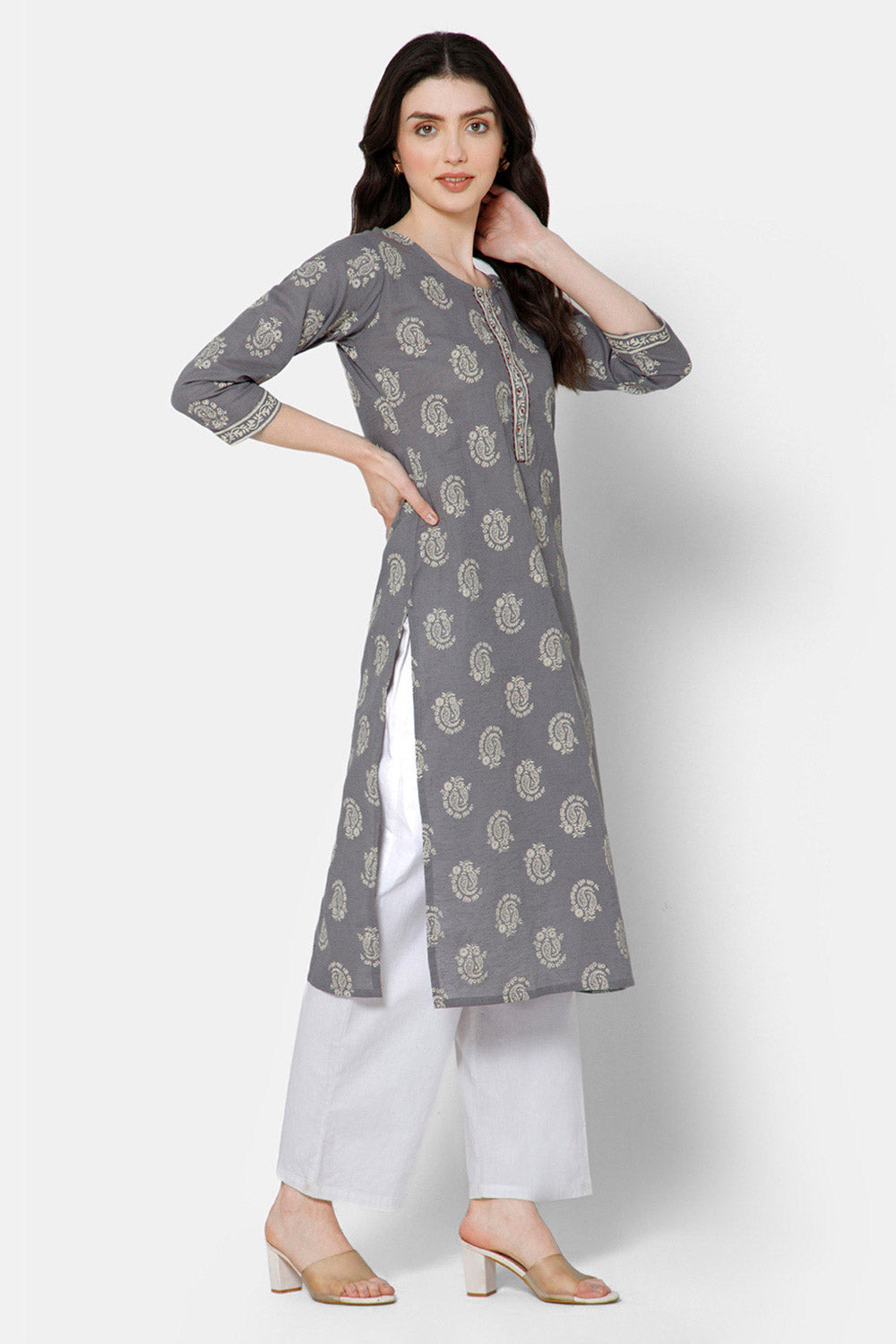 Mythri Women's Casual Kurthi with Patchwork And Minimalistic Embroidery - Grey - E032