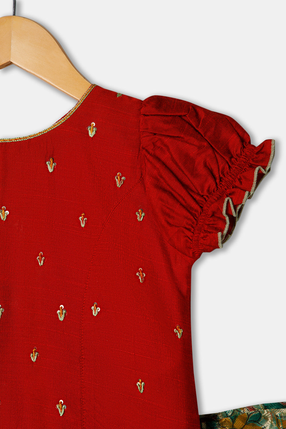 Chittythalli Girls Ethnic wear  Cotton blend  Pavadai Set with  Round Neck Puff Sleeve - Red - PS36