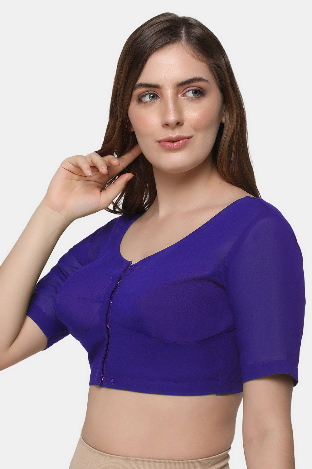 Naidu Hall Women's 2x2 Cotton Saree Blouse | Readymade Round Neck Elbow Sleeve Woven Cotton Blouse | Plain Traditional Blouse for Cotton, Handloom, Linen & Silk Cotton Sarees - RNRE