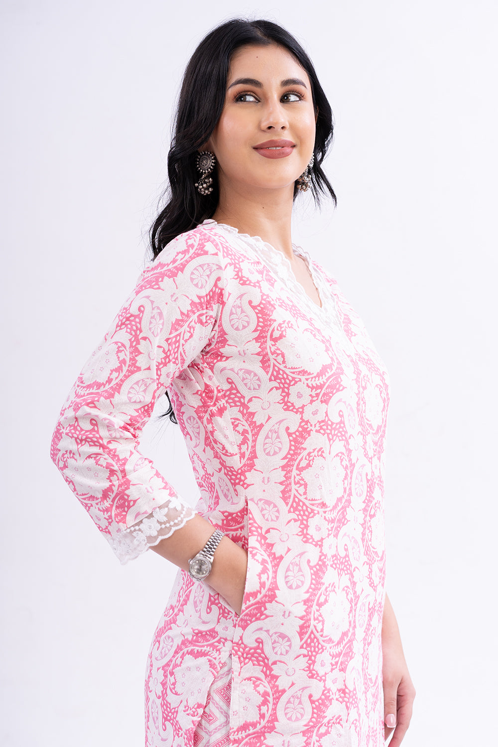 Mythri V-Neck with 3/4 Sleeves Salwar Set - Pink - SS07