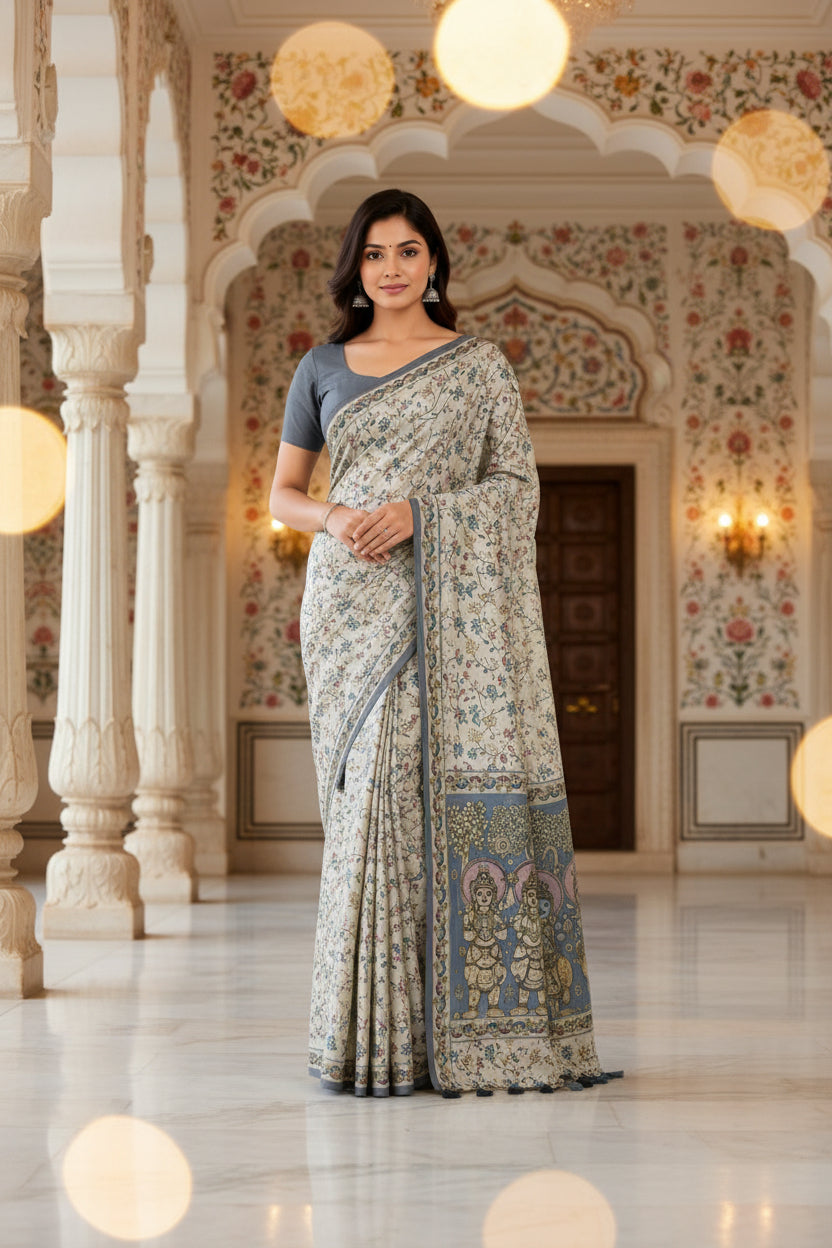 Women's Art Silk Tussar Silk Printed Saree with Blouse | Designer Ethnic Saree for Women | Festive, Wedding & Traditional Wear - Blue - 5691