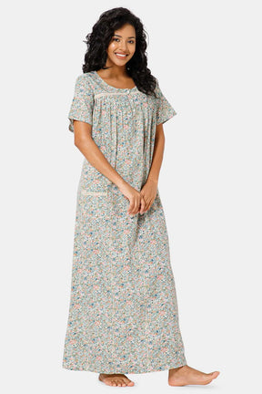 Naidu Hall Front Open Round Neck Short Sleeve Printed Nighty-Light green - NT11