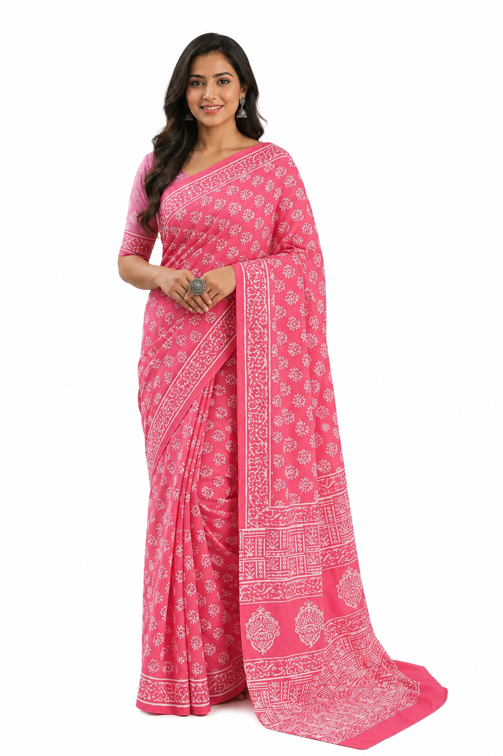 Naidu Hall Women's Coral Pink Jaipur Print Cotton Blend Saree with Blouse | Lightweight Ethnic Wear Saree - WS07