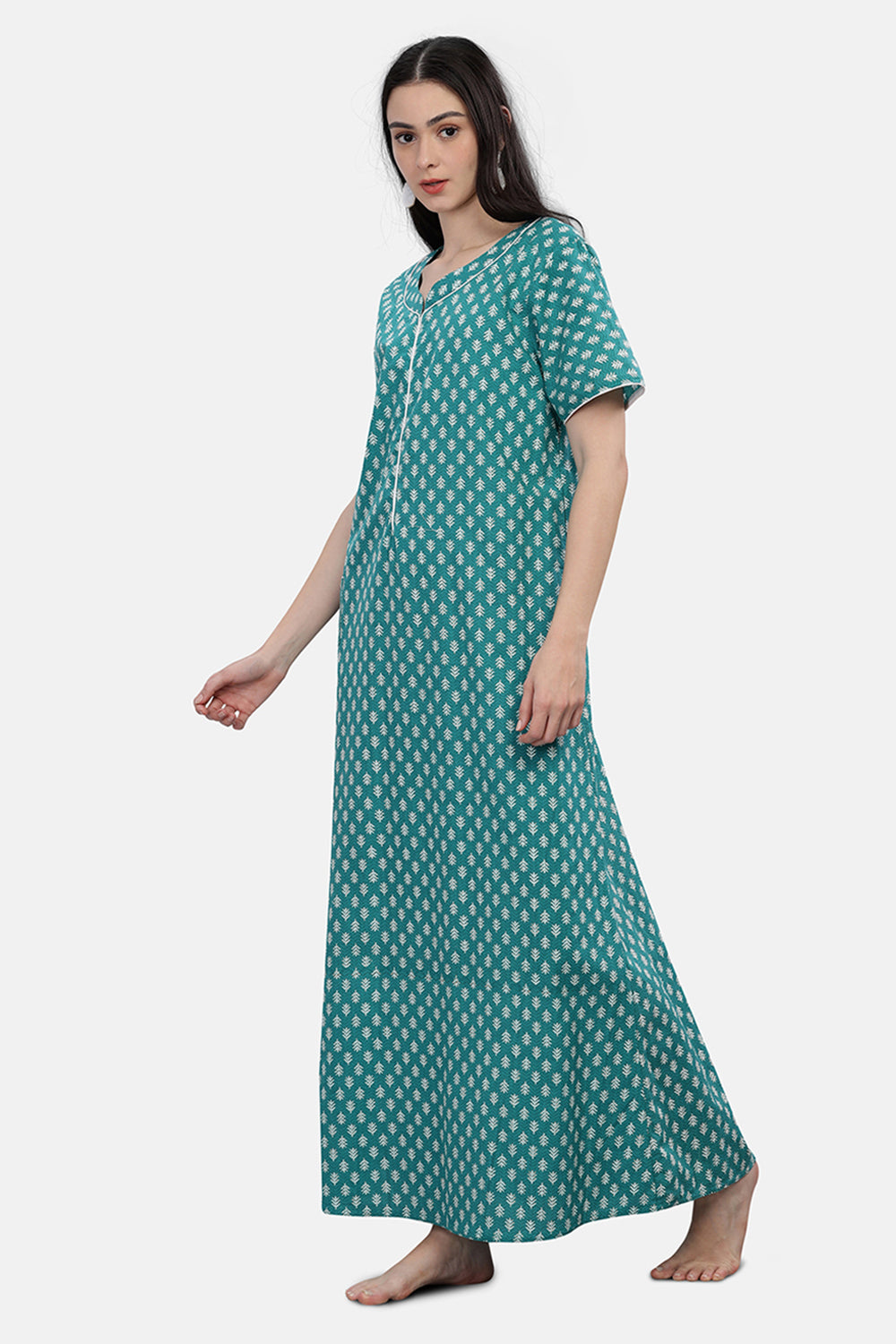 Naidu Hall  Round Neck Short Sleeve Printed Nighty - Green - NT71