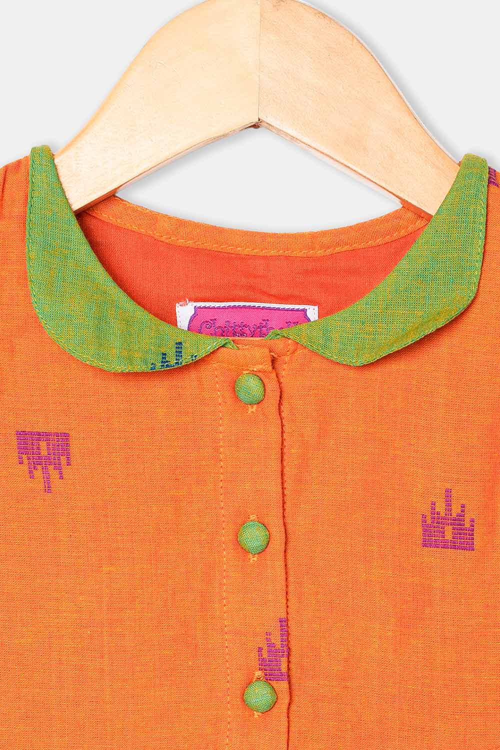Chittythalli Girls Ethnic Frock Cotton Sleeveless Dress with Peter Pan Collar, Knife Pleats and Gathered Skirt- Orange - FR40