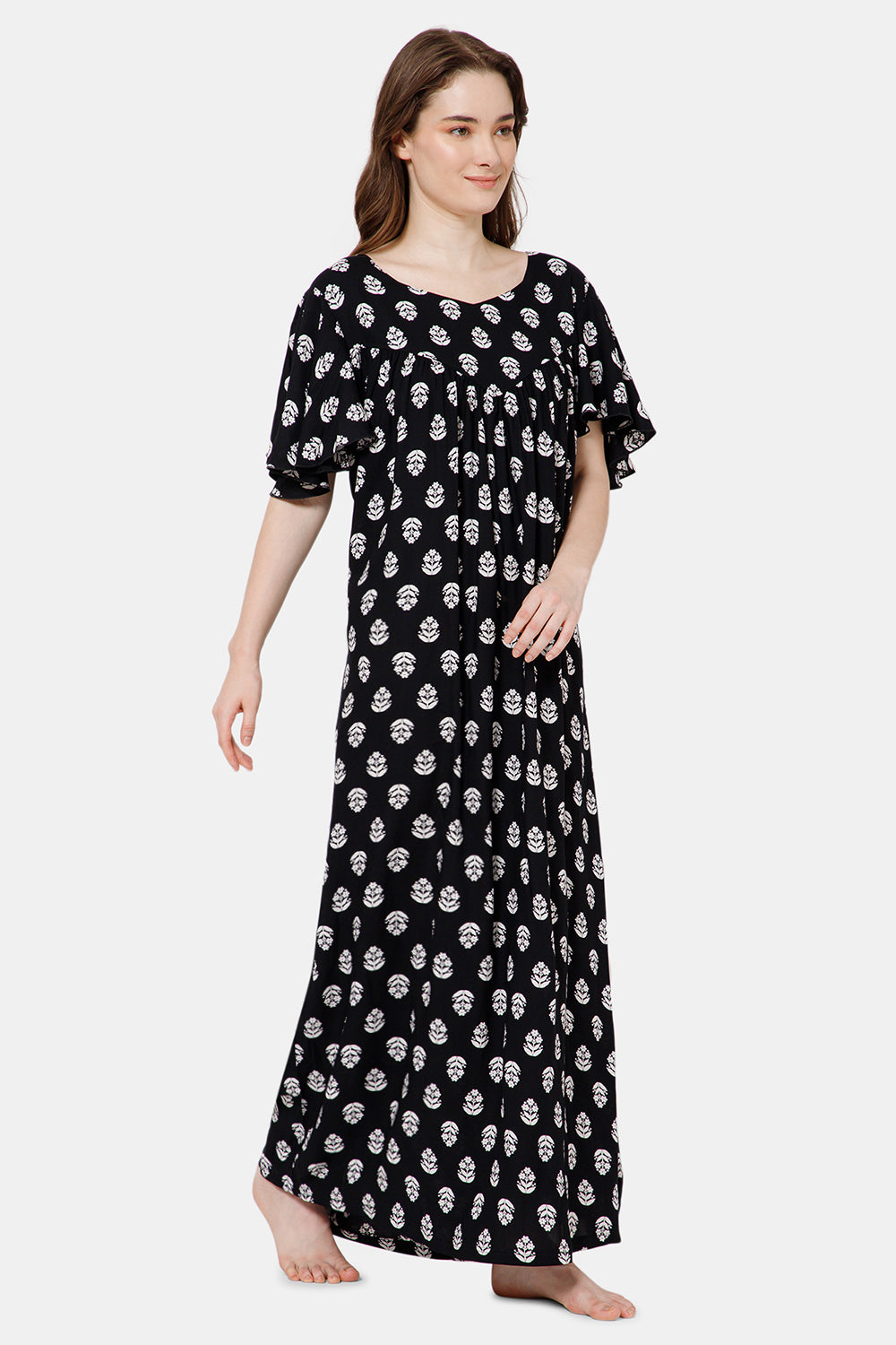 Naidu Hall All Over Printed Nighty with Butterfly Sleeves Diamond Neck - Black print-1 - NT37