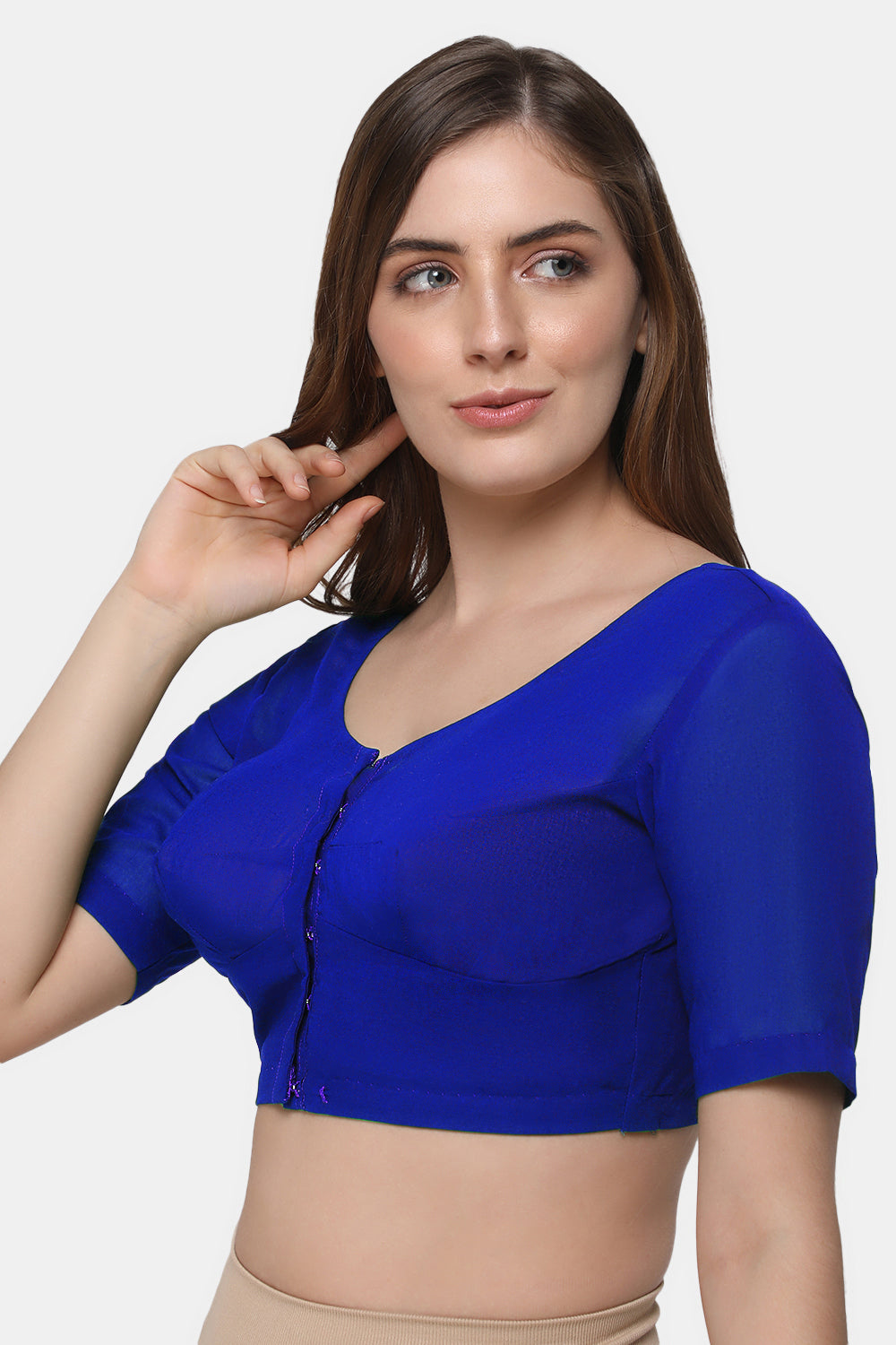 Naidu Hall Women's 2x2 Cotton Saree Blouse | Readymade Round Neck Elbow Sleeve Woven Cotton Blouse | Plain Traditional Blouse for Cotton, Handloom, Linen & Silk Cotton Sarees - RNRE