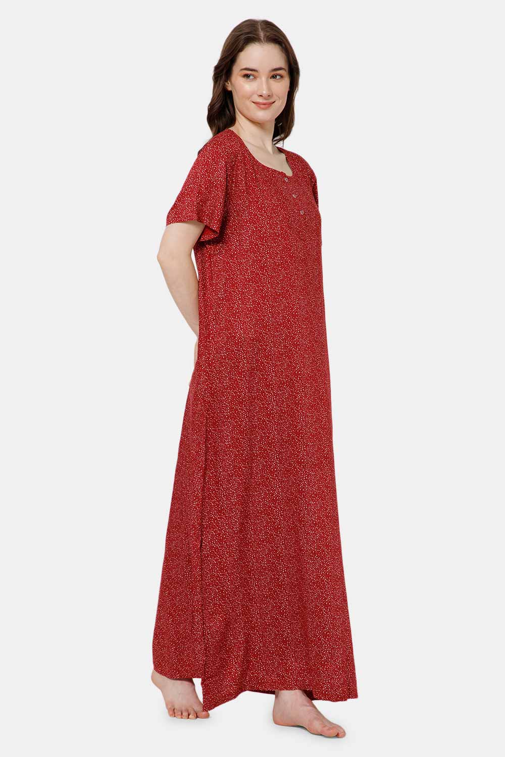 Naidu Hall Front Open Printed Nighty with Square Round Neck - Maroon - NT33