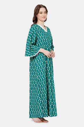 Naidu Hall V Neck Printed Nighty with Long Bell Sleeves - Teal green - NT40
