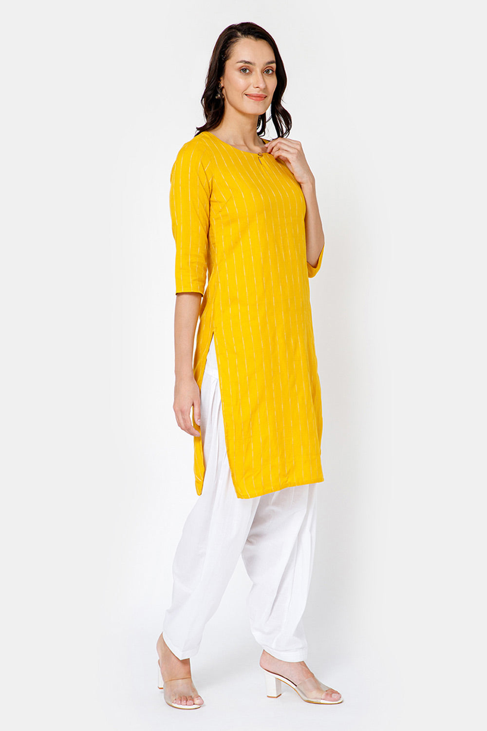 Mythri Women Knee Length Straight Kurtha - Yellow - KU34