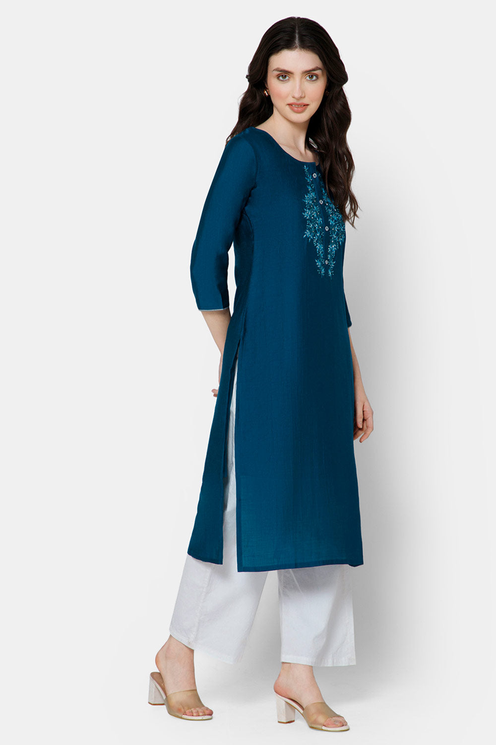 Mythri Women's Kurthi with Intricately Hand Embroidered Center Front - Blue - E053