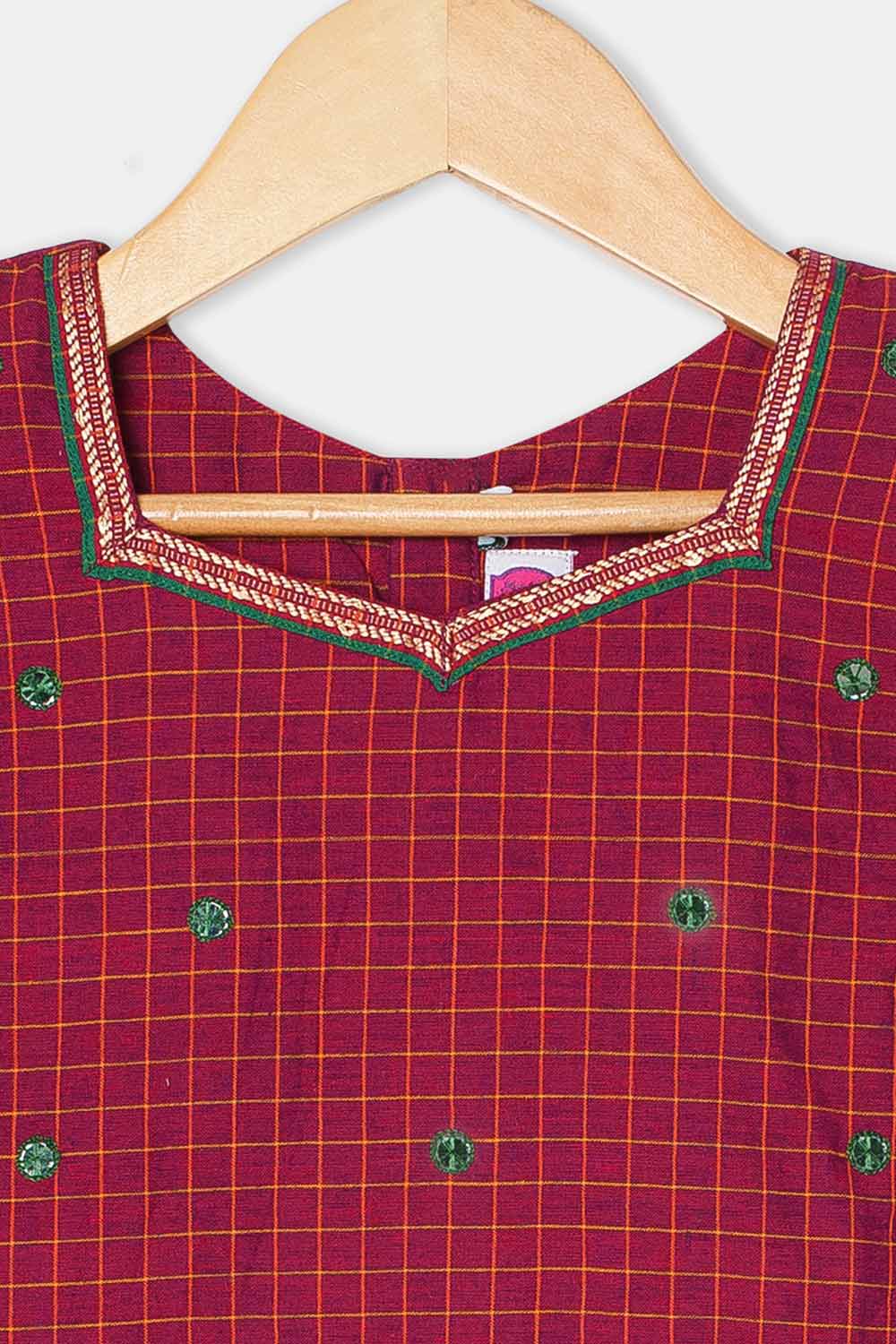 Chittythalli Girls Pavadai Set Cotton Ethnic Wear Mirror Work Puff Sleeve Top with Box Pleated Skirt- Maroon - PS88