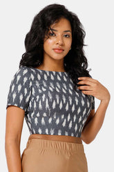 Naiduhall Princess Cut Boat Neck Short Sleeve Ikat Blouse - Black - BU08