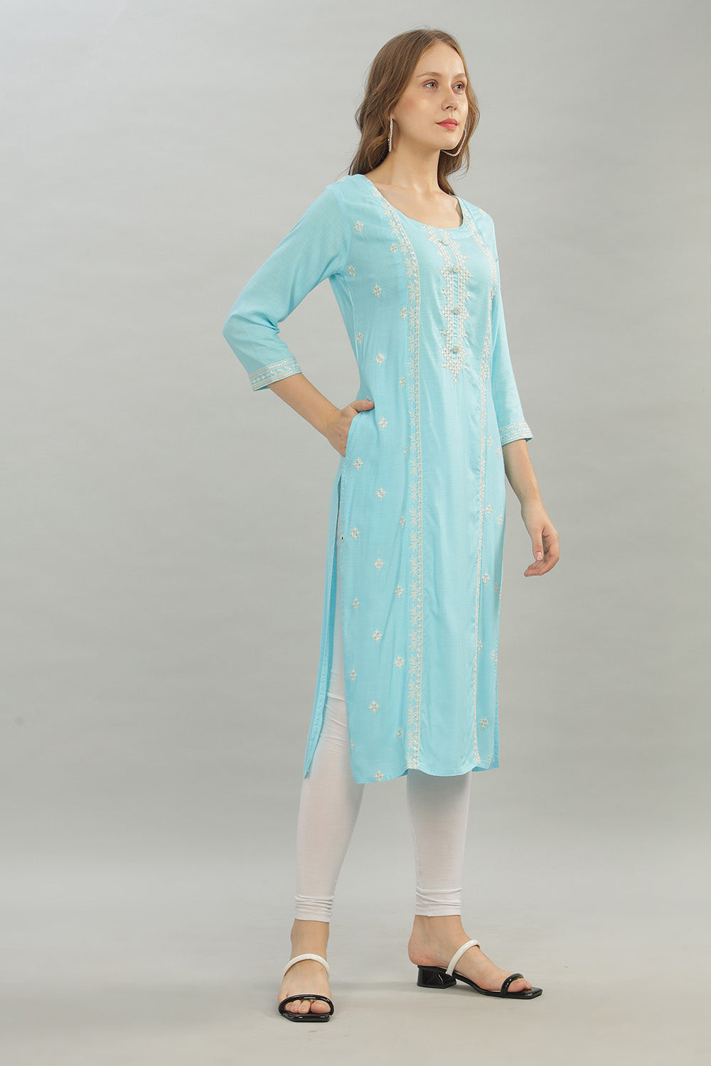 Mythri Round Neck Straight Cut Kurta with 3/4 Sleeves - Light Blue - KU41