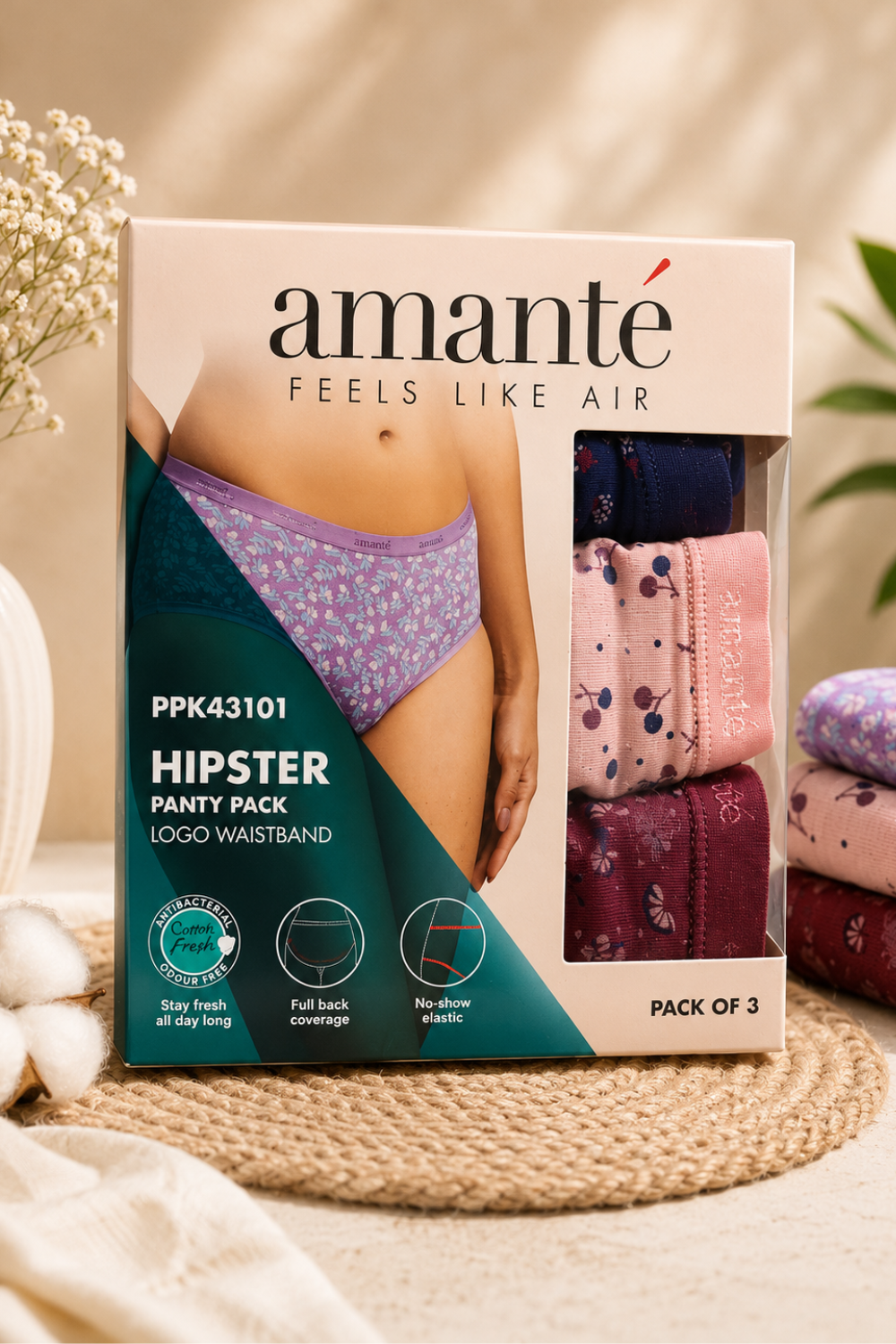 Amante Women's Cotton Hipster Panties Pack of 3 – Low Rise Soft Stretch Everyday Underwear with Outer Elastic - PPK43101