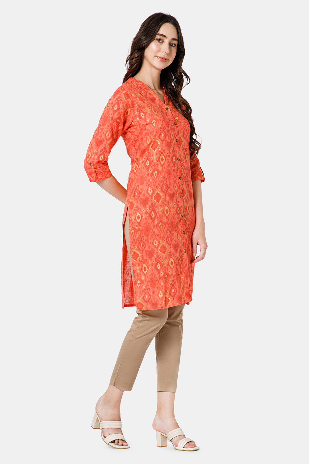 Mythri Women's Ethnic Wear Mandarin collar 3/4 sleeve with front Full placket styling - Red - KU37