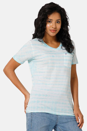 Jusperf Women Half Sleeve V-Neck T-shirt  - Blue - SD12