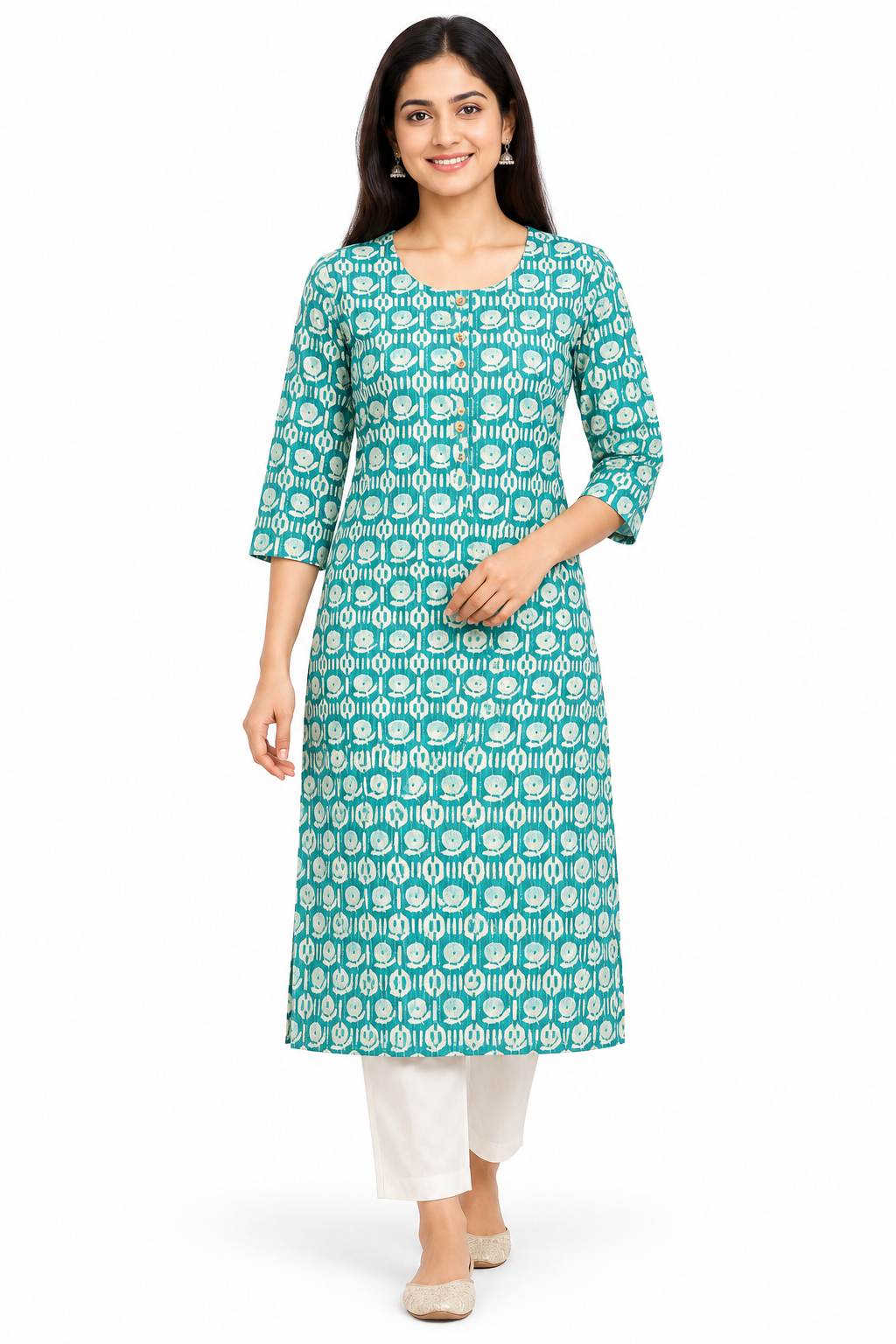 Women's Prints Cotton Blend Kurti with Round Neck, 3/4 Sleeve and Regular Fit - Below Knee | Casual Ethnic Wear Kurti for Daily Wear & Casual Outings - 3471